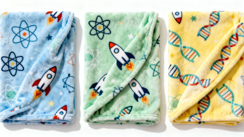 Three folded fleece baby blankets with science-themed prints including rockets, atoms, and DNA strands in blue, green, and yellow colors