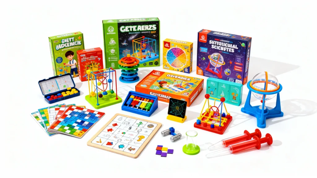 Colorful educational toys and games for kids including puzzles, science kits, and interactive learning tools on a white background