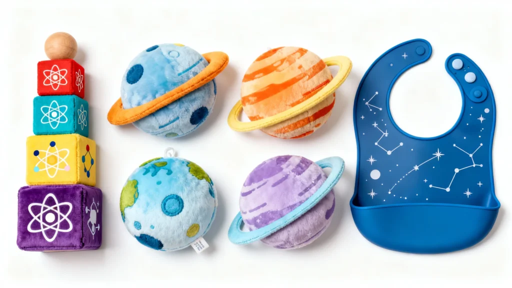 Colorful plush planet toys, stacking blocks with science symbols, and a blue silicone bib with constellation designs