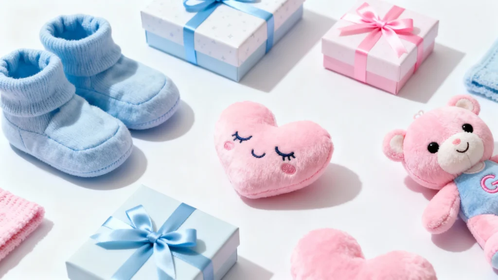 Blue baby booties, pink plush heart, pink teddy bear, and gift boxes with blue and pink ribbons on white surface