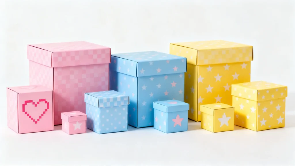 Set of pink, blue, and yellow decorative boxes with star and heart patterns for gender reveal packaging