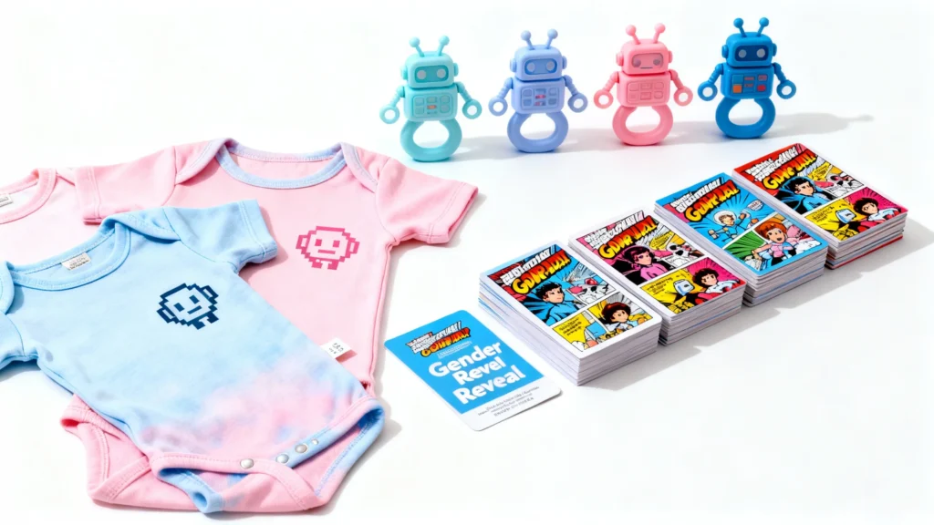 Blue and pink baby onesies with robot designs, colorful robot-shaped rings, and gender reveal cards on a white surface