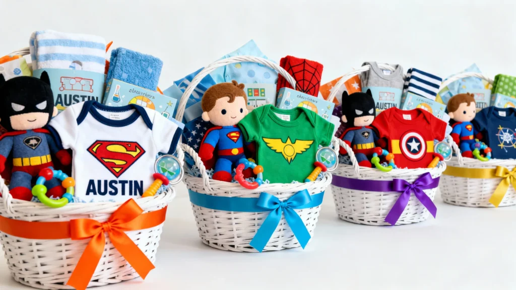 White wicker gift baskets with colorful ribbons filled with superhero plush toys, baby clothes, towels, and toys for Austin delivery