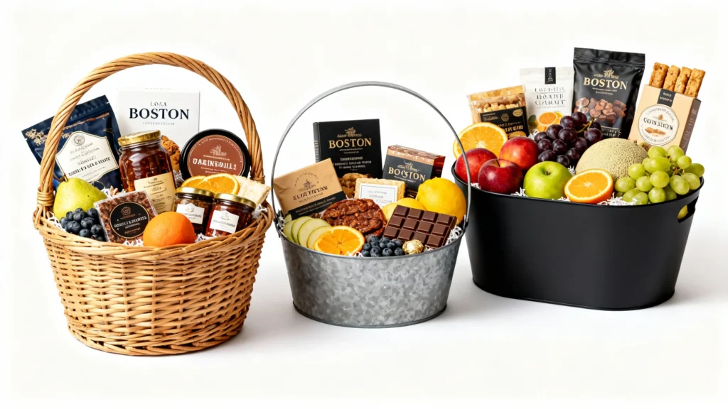 Three gift baskets with assorted fruits, chocolates, nuts, and gourmet treats arranged in wicker, metal, and black containers