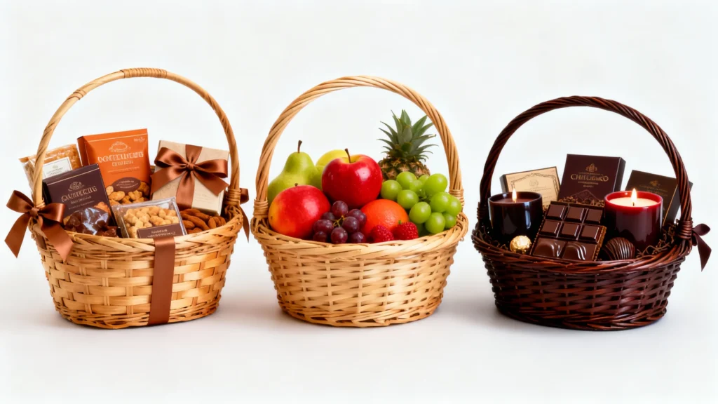 Three gift baskets with assorted treats including nuts, fresh fruit, and chocolates with candles on a white background