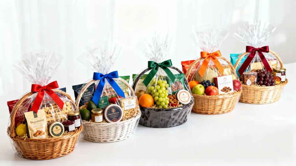 Five assorted gift baskets wrapped in clear plastic with colorful bows, containing fruits, nuts, and snacks