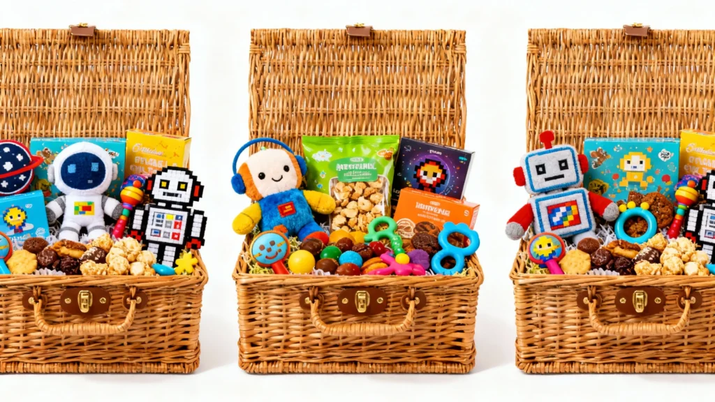 Three wicker gift baskets filled with snacks, colorful toys, and plush robots arranged for local delivery in Houston