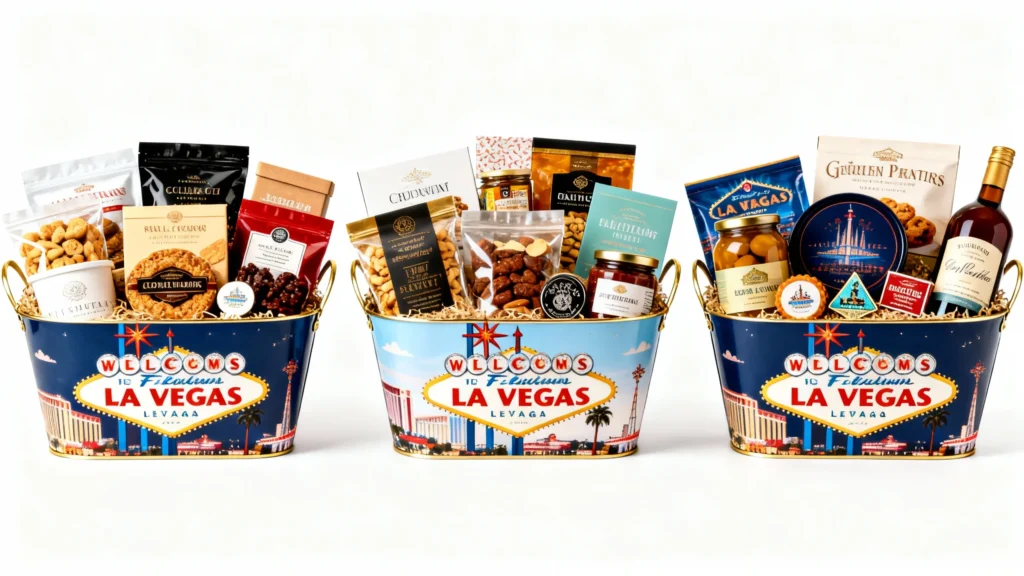 Three gift baskets with assorted snacks and treats in containers featuring a Las Vegas welcome sign design