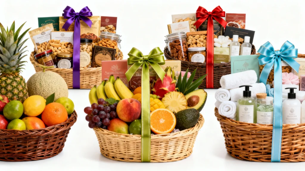 Five gift baskets with fresh fruits, snacks, and spa products tied with colorful ribbons on white background
