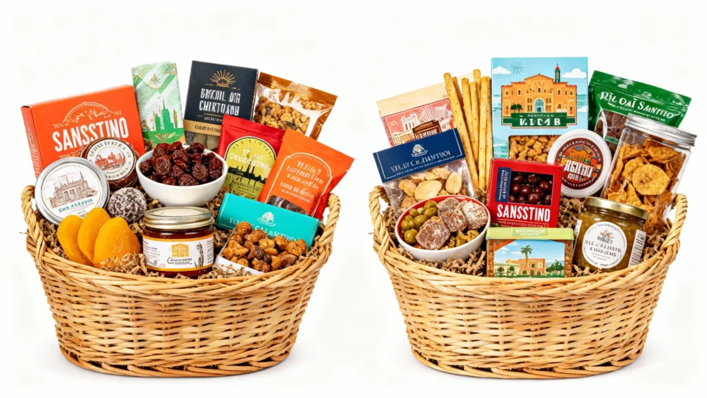 Two wicker gift baskets filled with assorted snacks, dried fruits, nuts, and packaged treats on a white background
