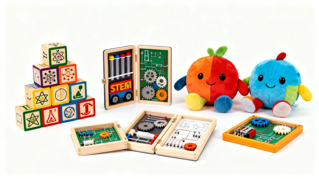 Colorful STEM educational toys including wooden blocks with science symbols, circuit kits with gears, and plush science-themed characters
