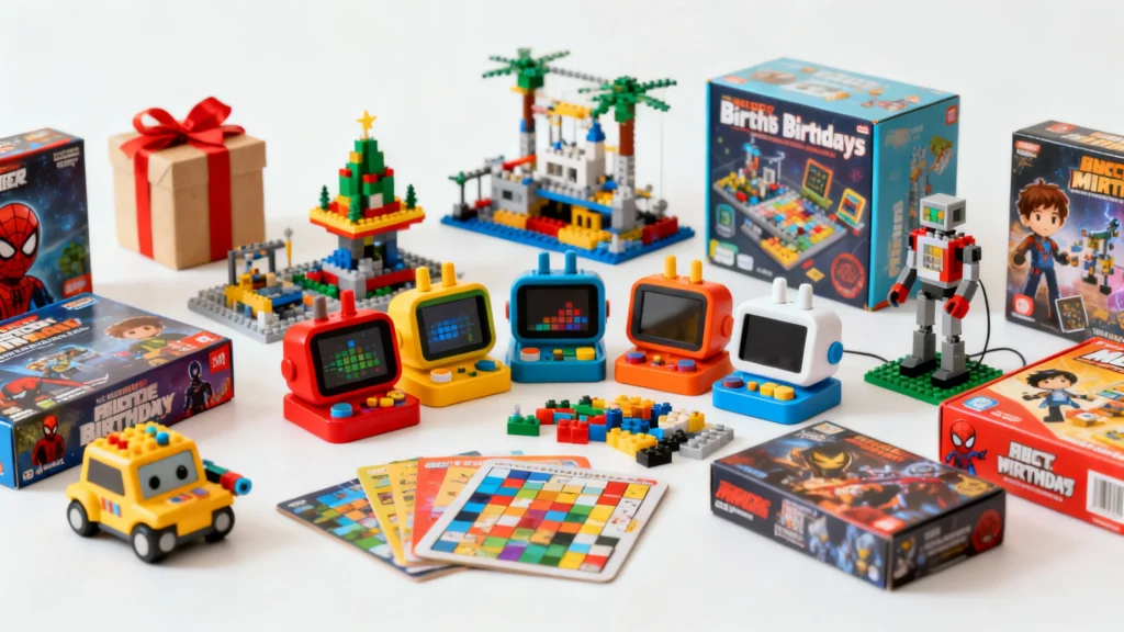 Colorful children's birthday toys including building blocks, mini game consoles, a toy robot, and a wrapped gift box with red ribbon