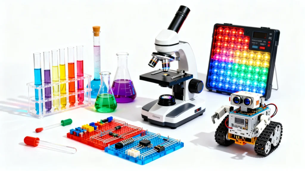 Colorful science kit with test tubes, beakers, microscope, electronic circuit boards, LED panel, and small robot toy for kids