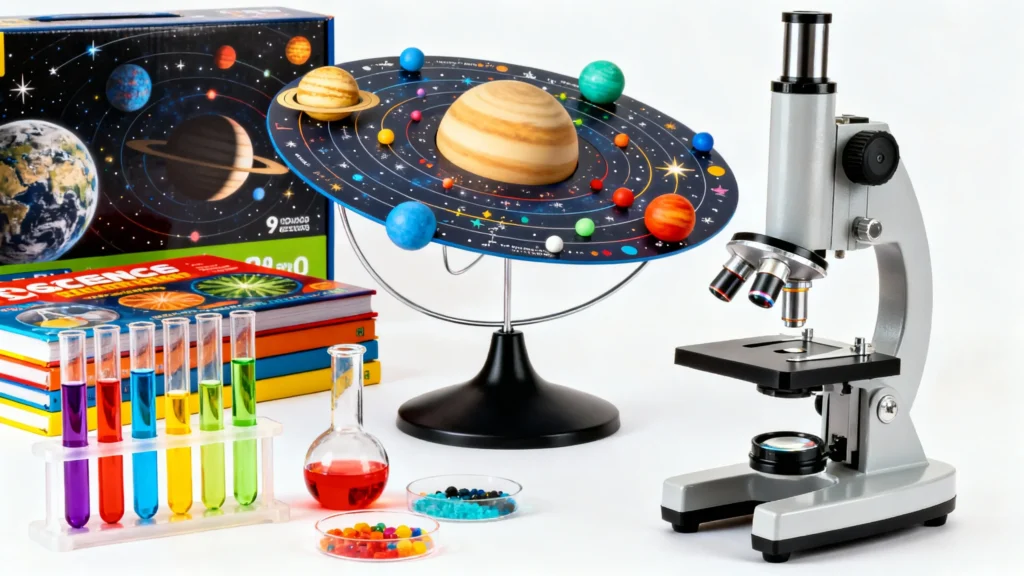 Children's science kit with colorful test tubes, a solar system model, science books, and a microscope on a white background