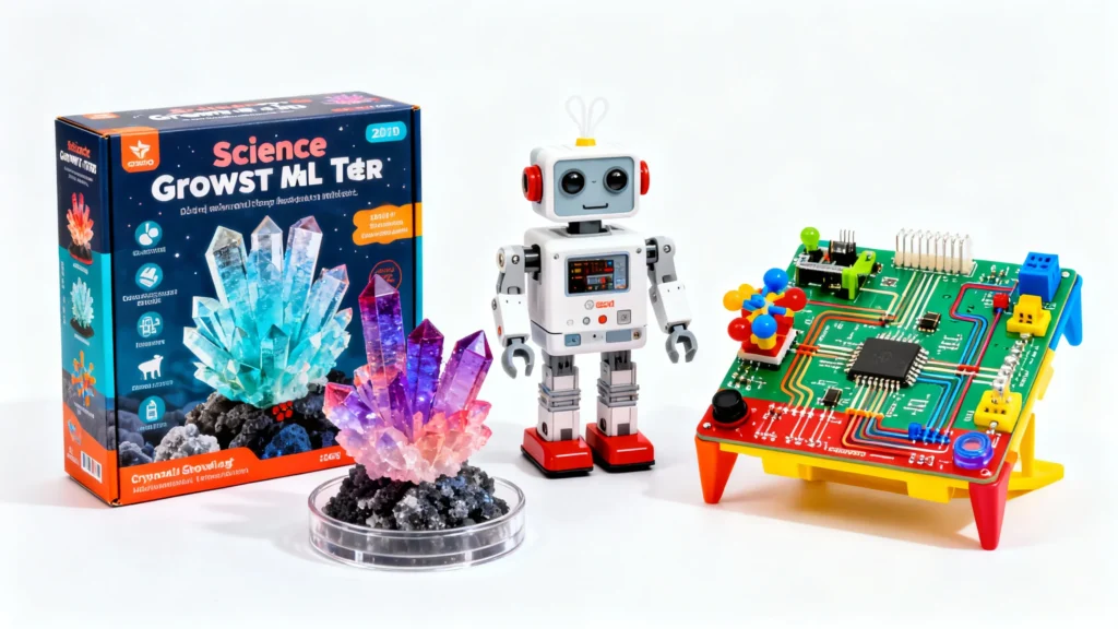 Colorful crystal growing kit, small white robot toy, and electronic circuit board STEM kits for kids