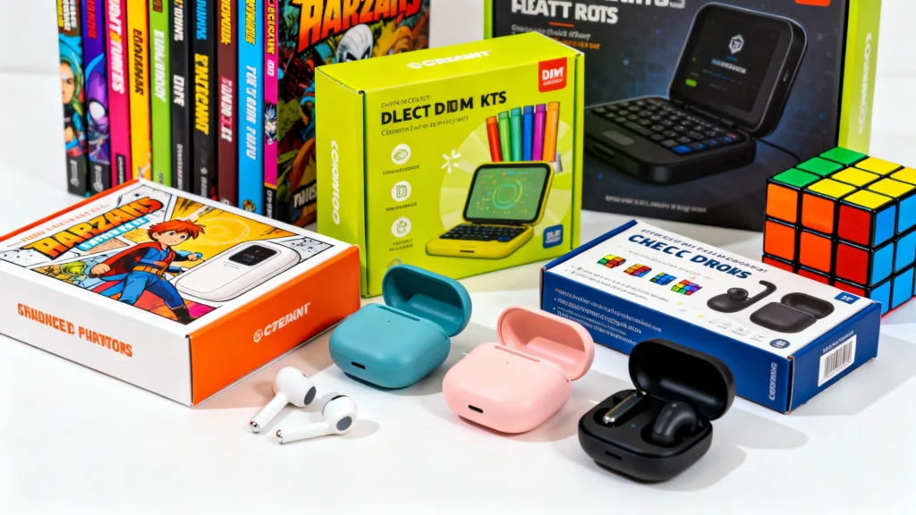 Colorful gift boxes, wireless earbuds in blue, pink, and black, and a Rubik's cube on a white surface