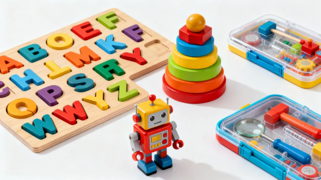 Colorful educational toys including alphabet puzzle, stacking rings, toy robot, and tool kits for kindergarteners