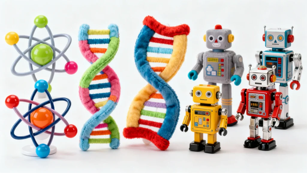 Colorful atom models, plush DNA strands, and vintage-style toy robots arranged on a white background