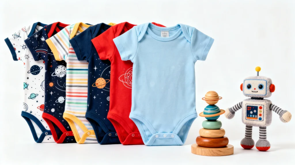 Colorful baby boy onesies with space and striped patterns next to a wooden stacking toy and a plush robot toy