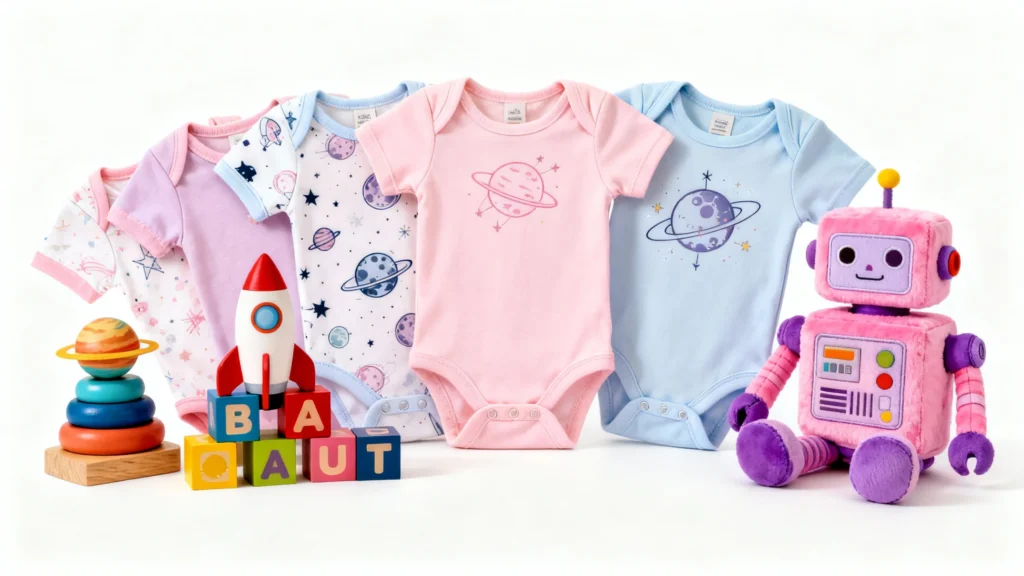 Set of five colorful baby girl onesies with space and planet designs, wooden stacking toy, rocket blocks, and pink plush robot toy