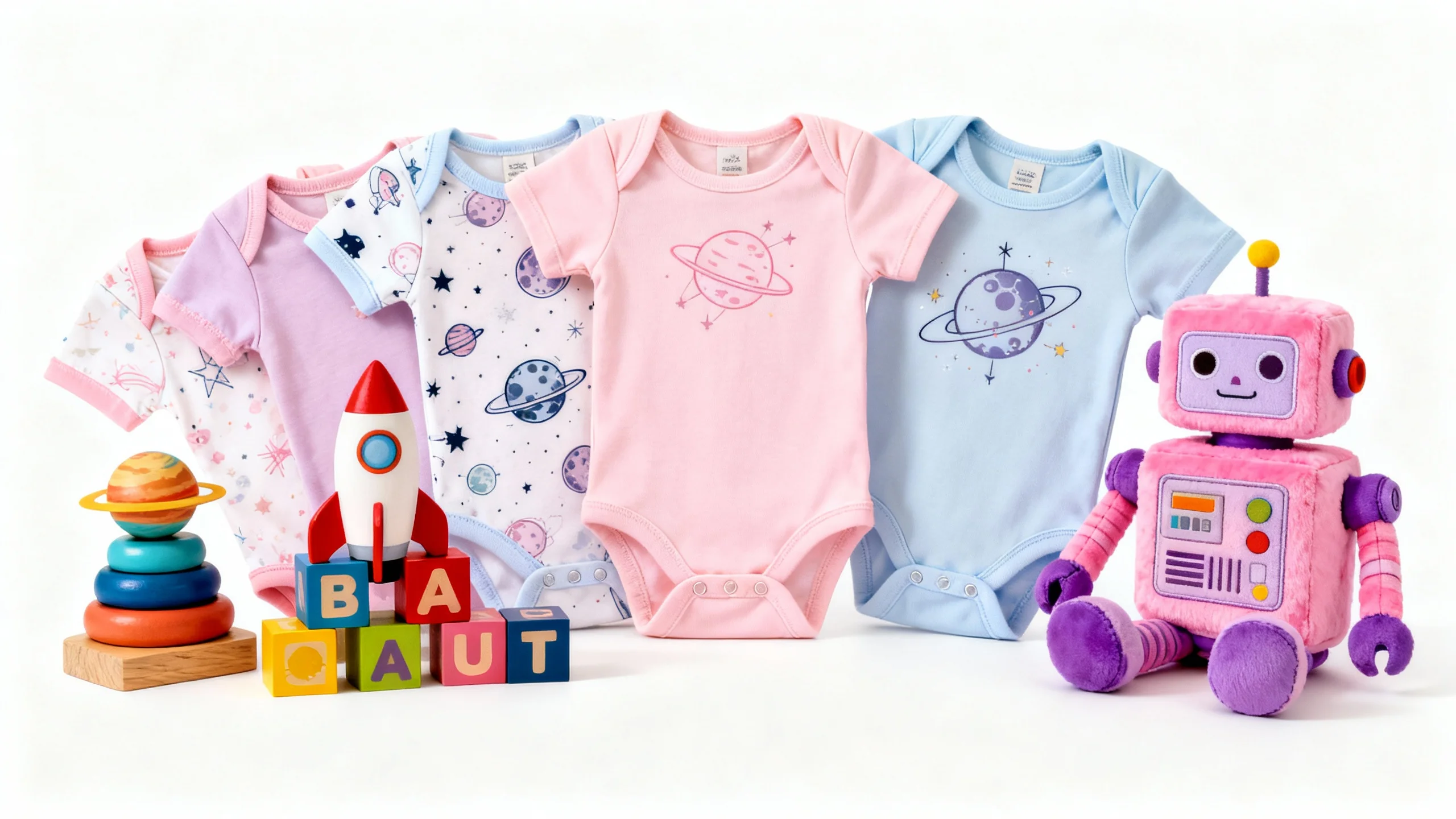 Set of five colorful baby girl onesies with space and planet designs, wooden stacking toy, rocket blocks, and pink plush robot toy