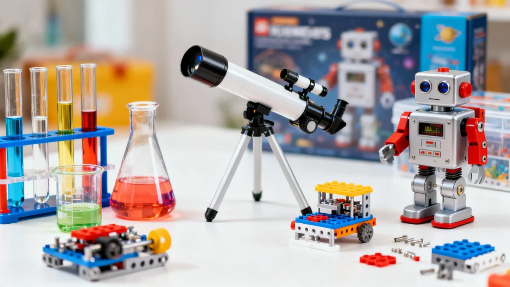 Children's science toys including a telescope, colorful test tubes, beakers, a robot figure, and building blocks on a white table