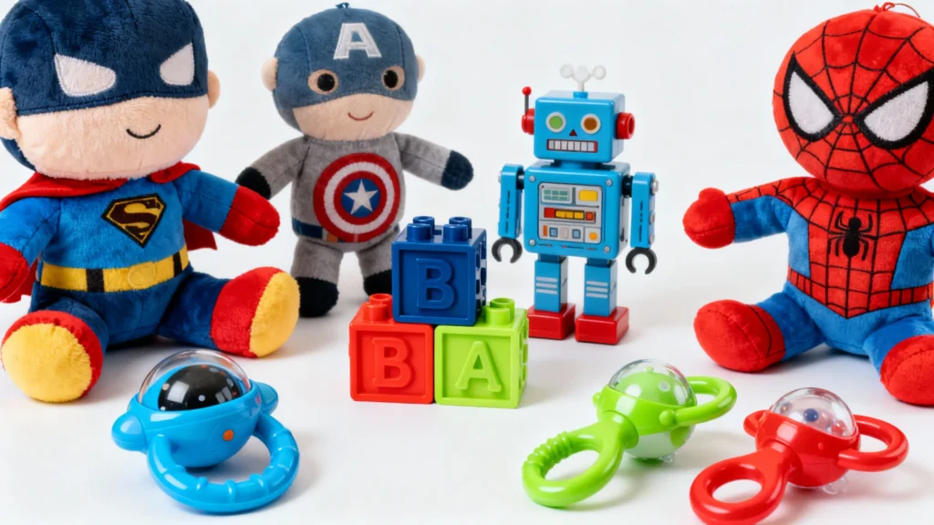 Plush superhero toys including Superman, Captain America, and Spider-Man with colorful building blocks and toy rattles for boys