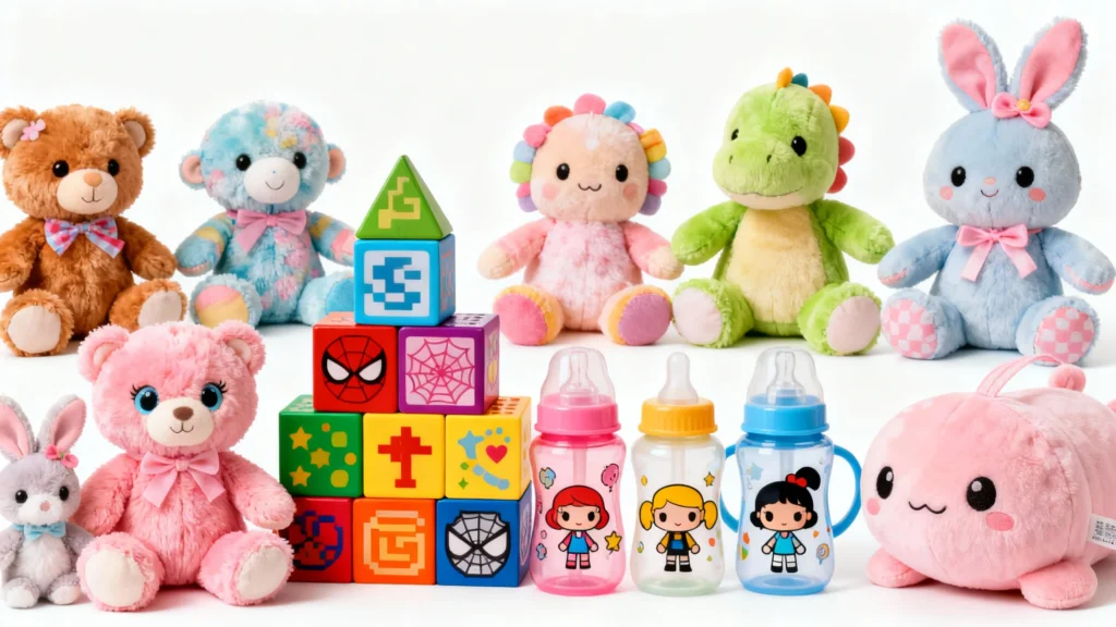 Colorful plush toys, stacking blocks, and baby bottles arranged on a white background for girls' gift ideas