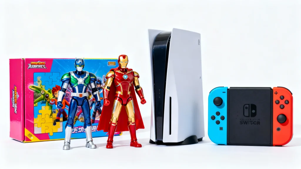 Action figures, gaming console, and handheld game controller set as gifts for juniors