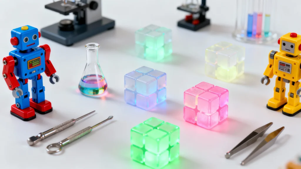 Colorful glowing puzzle cubes with vintage blue and yellow toy robots, microscopes, and science tools on white surface