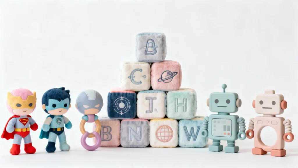 Stack of soft pastel-colored alphabet blocks surrounded by plush superhero dolls and pastel robot toys for young kids