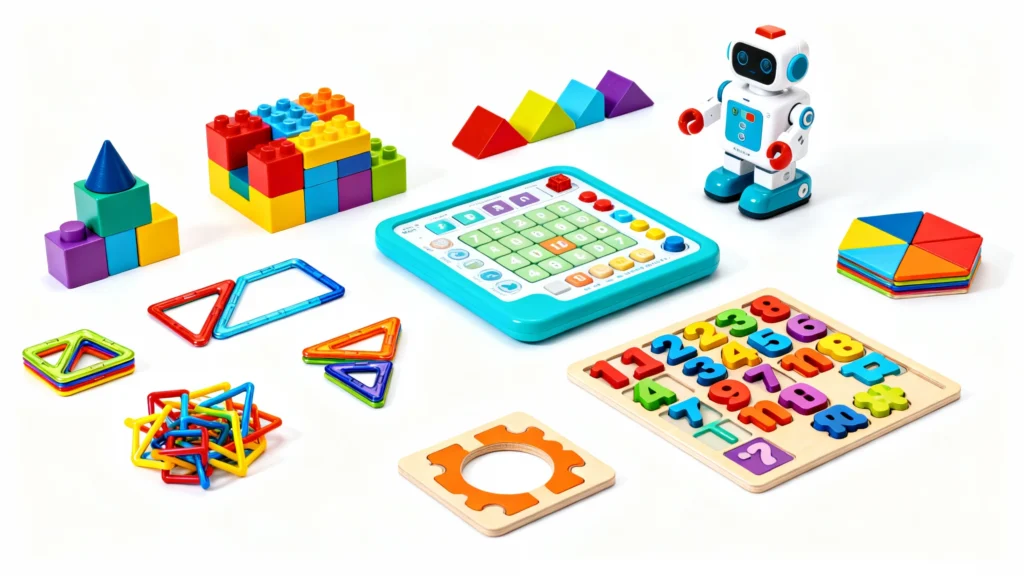 Colorful STEM toys for preschoolers including building blocks, magnetic shapes, number puzzle, educational robot, and geometric shapes