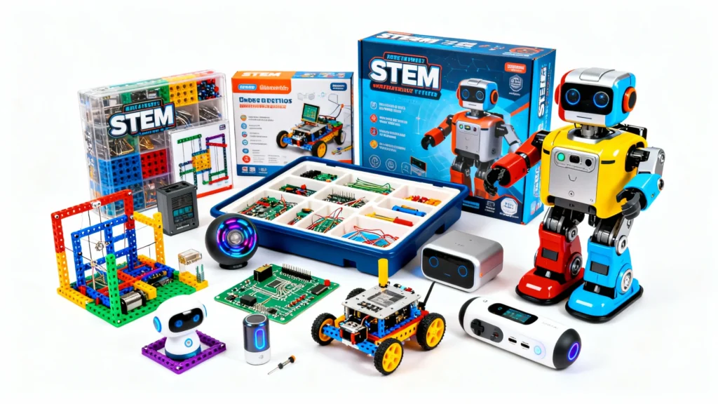 STEM educational kits and colorful robots with electronic components and circuit boards for preteens interested in science and technology