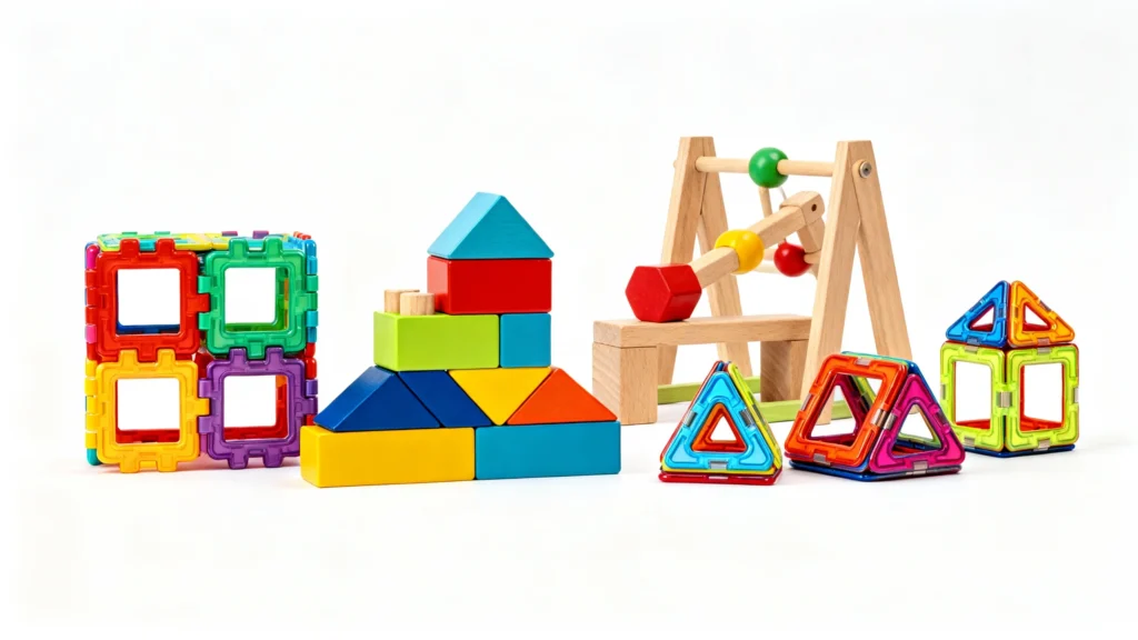 Colorful building blocks and wooden construction toys arranged on a white background for toddler boys