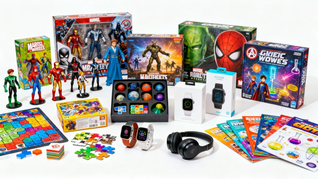 Collection of geeky gifts for tweens including superhero action figures, board games, puzzles, smartwatches, headphones, and science kits