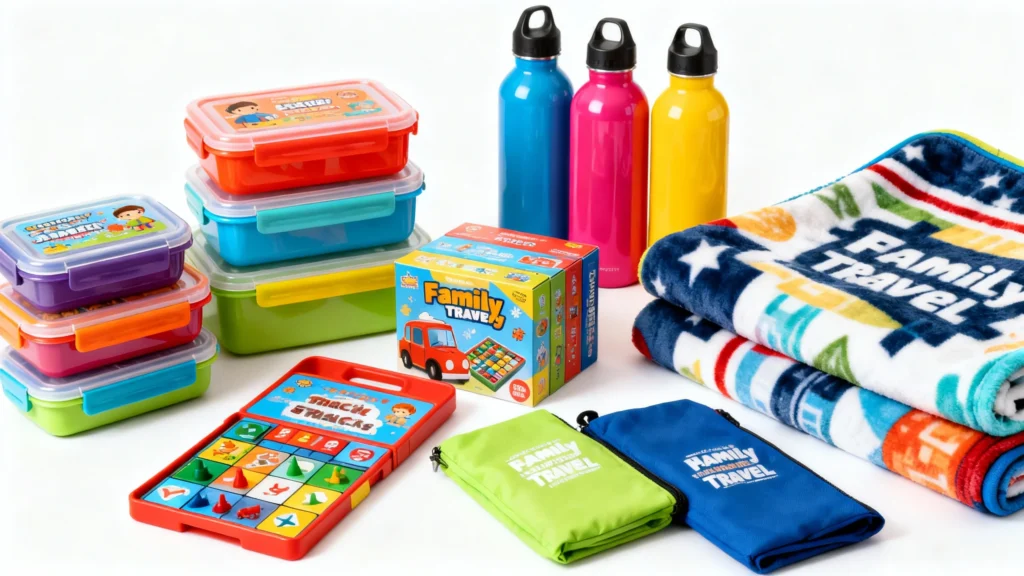 Colorful stackable lunch boxes, three metal water bottles, travel-themed board game, foldable pouches, and family travel blankets