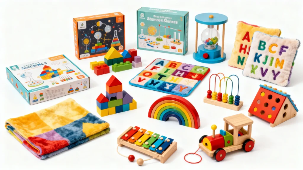 Colorful educational toys for kids including building blocks, alphabet pillows, wooden train, xylophone, rainbow stacker, and science kits on white background