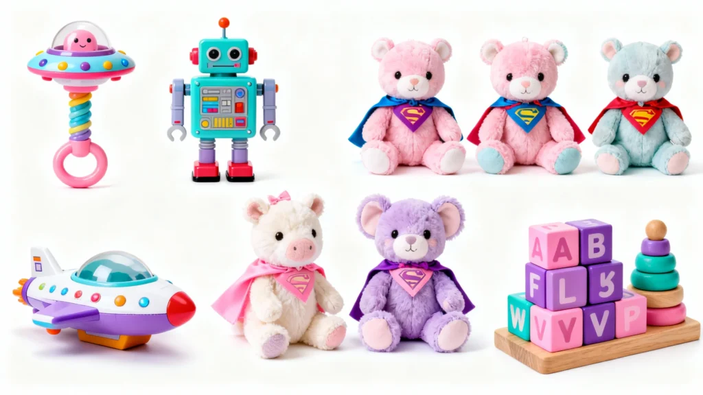 Colorful collection of toys including a pink alien rattle, blue robot, superhero plush bears, toy airplane, and alphabet blocks with stacking rings