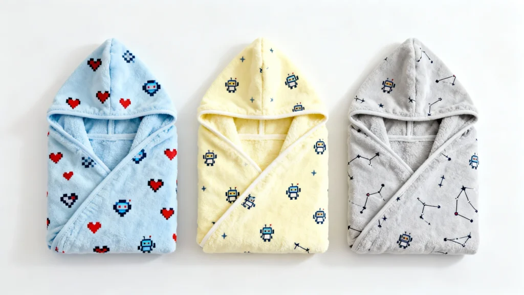Three folded hooded baby towels in blue, yellow, and gray with robot, heart, and constellation patterns