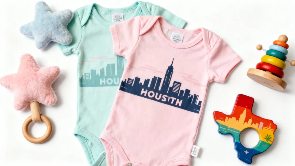 Two Houston skyline baby onesies in pink and teal with plush star rattles and colorful wooden toys on white background