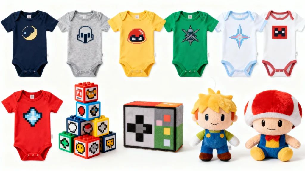 Colorful baby onesies with pixel art designs, stacking blocks, a plush game controller, and two plush toys on a white background