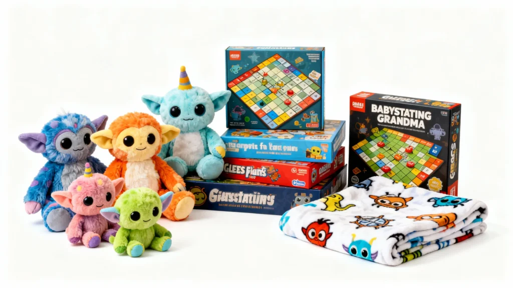 Colorful plush toys, board games including Babystating Grandma, and a folded blanket with cartoon character prints on a white background
