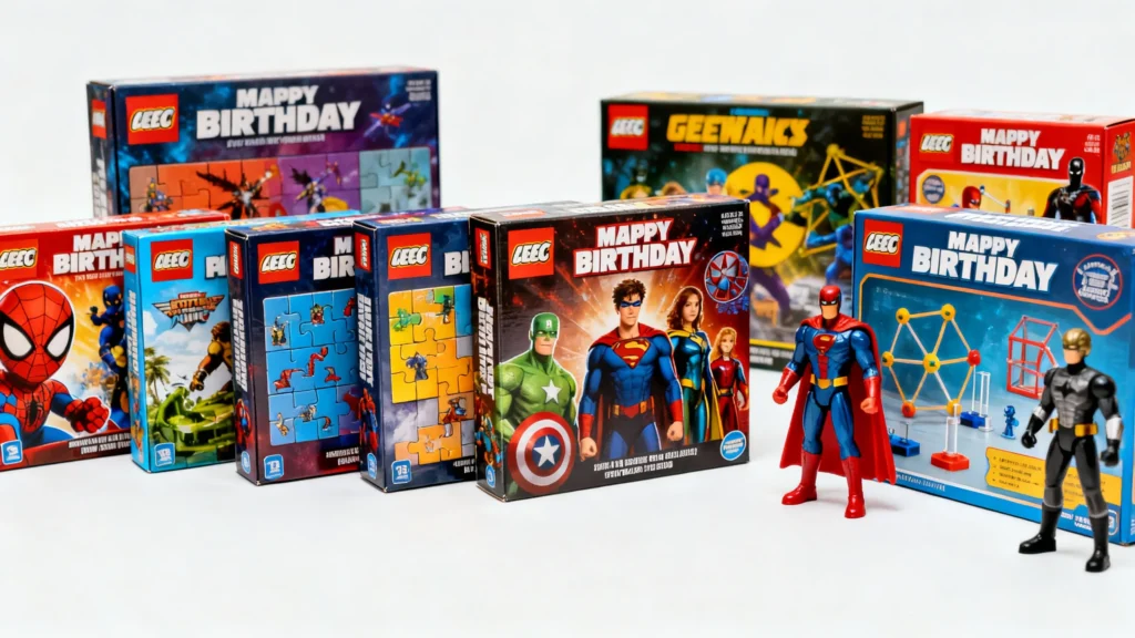Assorted superhero-themed kids birthday gift boxes with action figures and puzzle sets on a white background