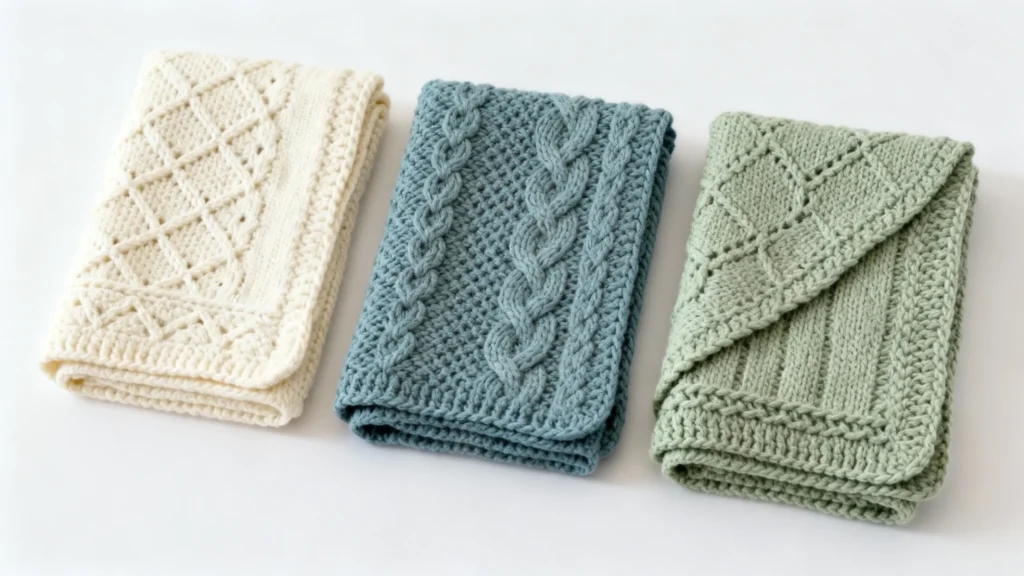 Three folded knitted blankets for newborns in cream, blue, and light green with textured patterns