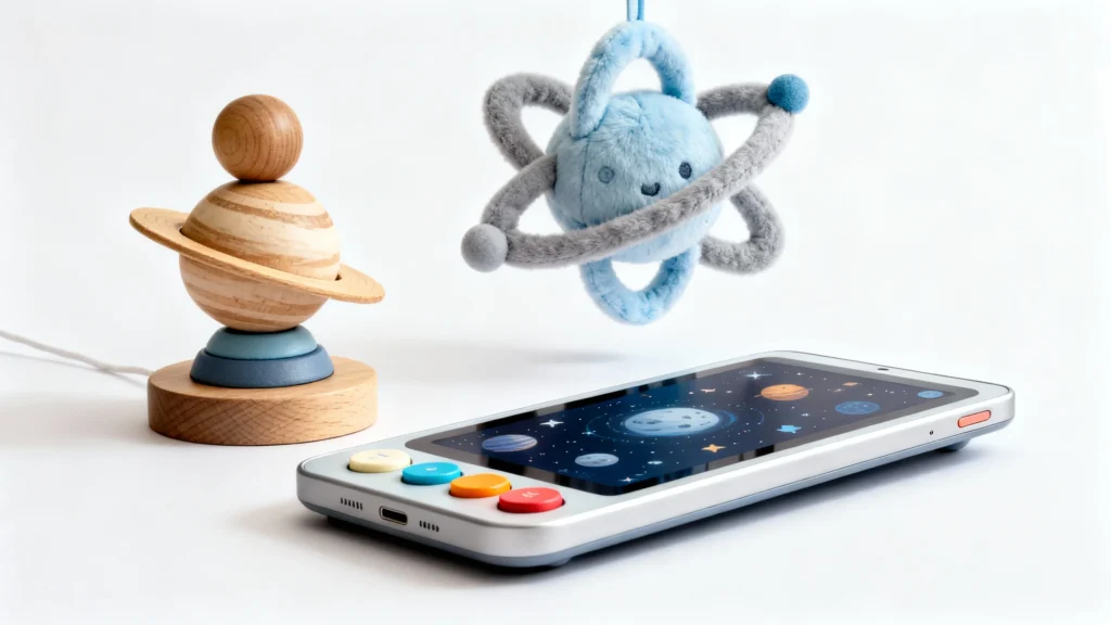 Luxury baby boy science learning toys including a wooden planet model, a plush atom toy, and a kid-friendly educational tablet with space-themed screen
