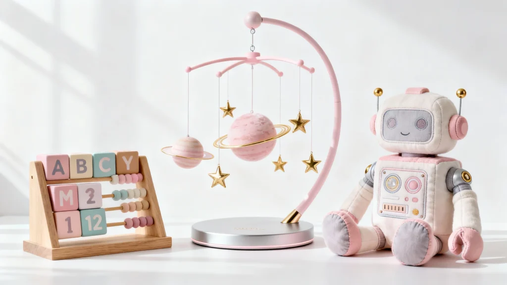 Luxury baby girl gifts including a pastel wooden abacus, pink planetary mobile with gold stars, and a soft robot plush toy