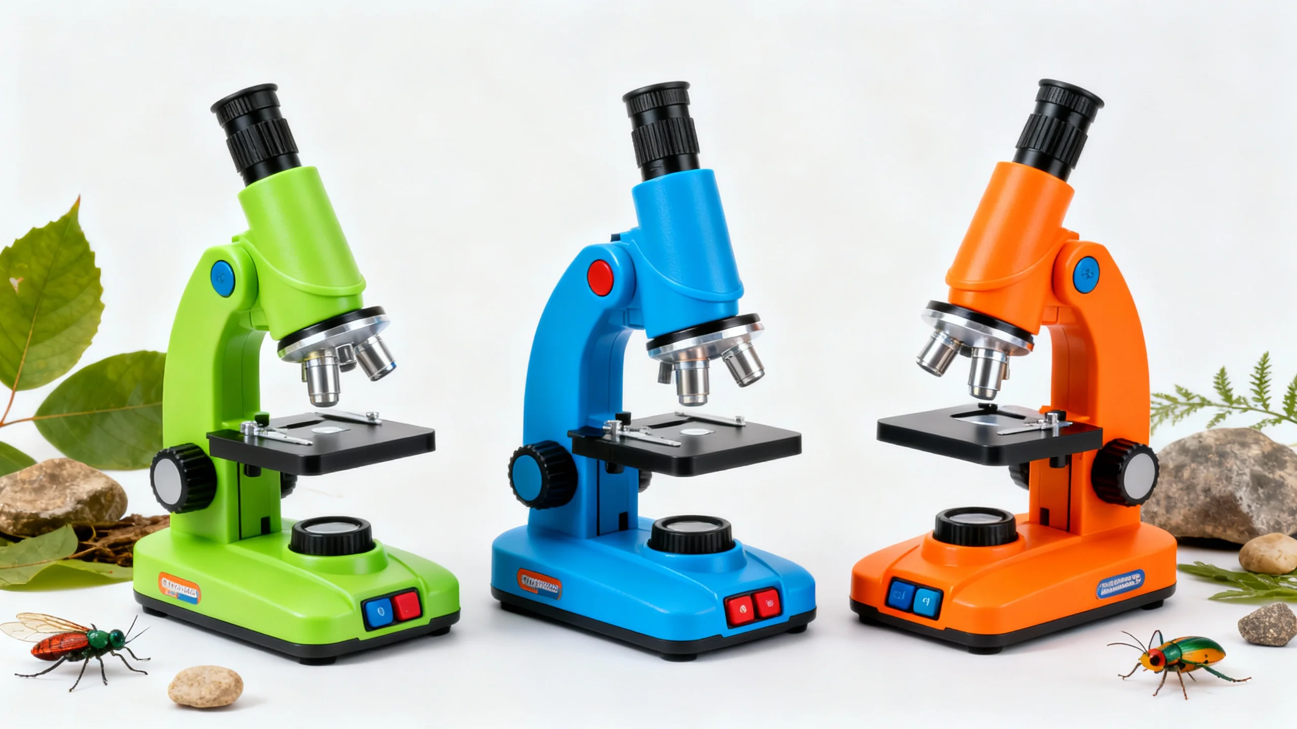 Three colorful kids microscopes in green, blue, and orange with nature-themed props like leaves, rocks, and toy insects
