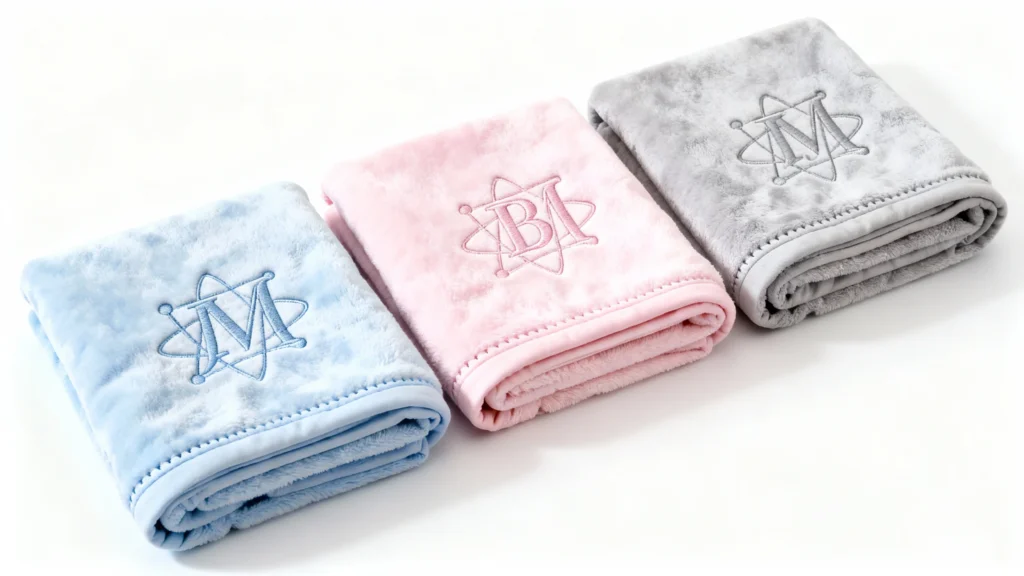 Three folded plush baby blankets in blue, pink, and gray with embroidered monogram initials and atom design