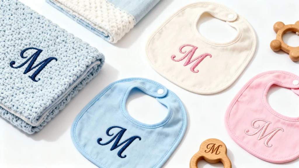 Monogrammed baby gifts including blue knitted blanket, blue, pink, and cream bibs, and wooden teething rings with letter M embroidery