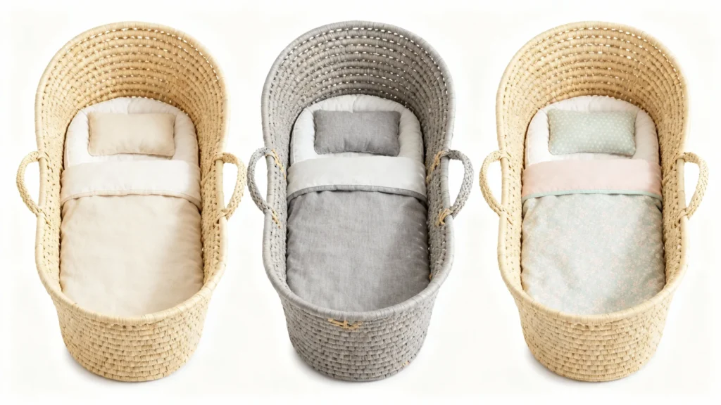 Three woven Moses baskets with padded bedding in beige, gray, and light blue colors